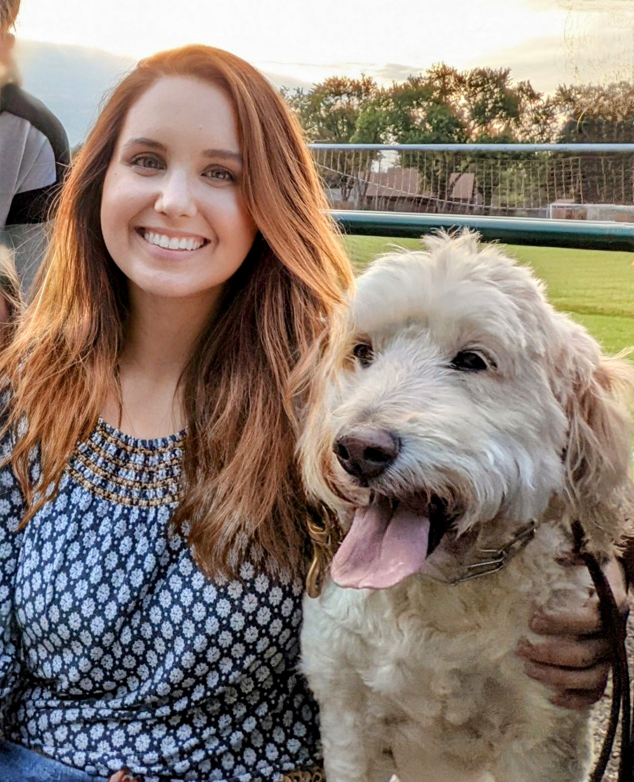 goldendoodle blog profile pic - woman with goldendoodle dog